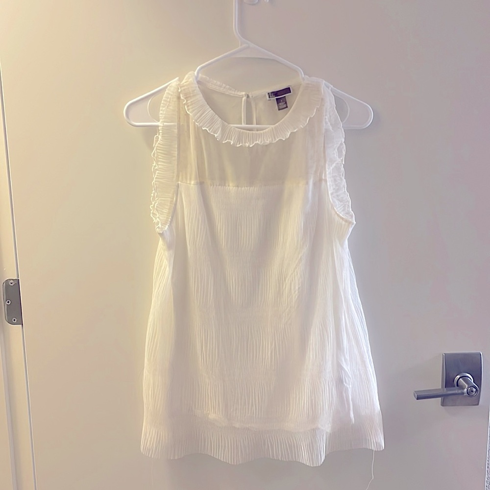 Chelsea28 White Top with Semi Sheer Polka Dot Neck Detail and Trim